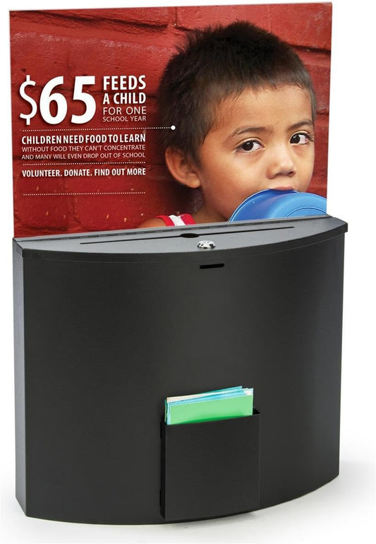 Ballot and Suggestion Box, Locking, Includes 17" x 11" Sign Holder, Pocket for Papers (Black, Metal)
