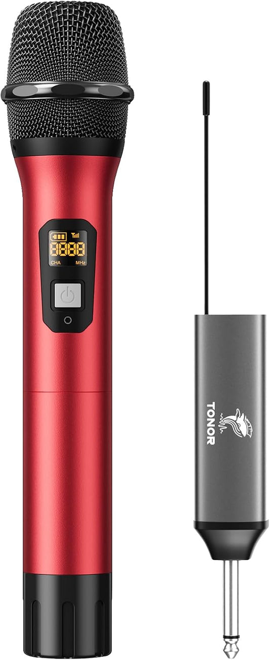 TONOR Wireless Microphones, Dual UHF Metal Cordless Mics with Rechargeable Receiver, Handheld Dynamic Mic System, Microfonos Inalambricos Professional for Karaoke Singing Wedding Part 200ft TW620, Red