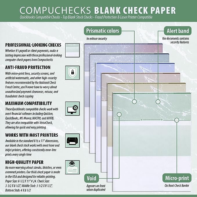Compuchecks Top Blank Check Paper - 100 Pack, Quick-Books & Laser Printer Compatible - Security Business Checks with Voucher - 8.5" x 11" Green Pinstripe