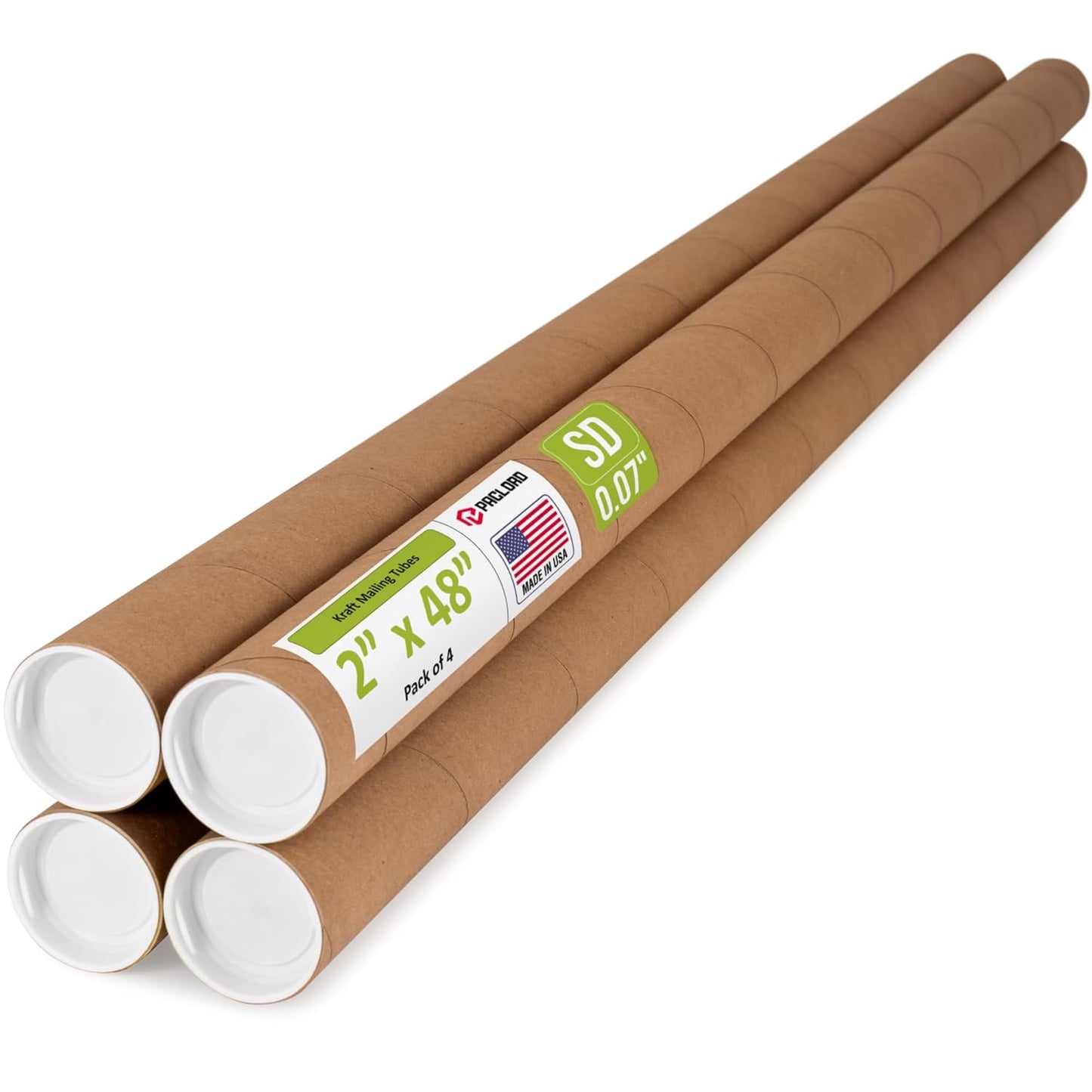 2" x 48" Reinforced Kraft Paper Mailing Tube, Pack of 4 Tubes with 8 Caps – Secure USPS Approved Poster Tube – Cardboard Tube for Shipping and Storing Posters, Prints, Artwork, or Documents