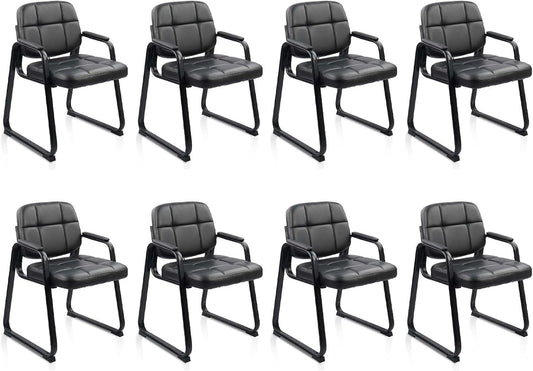 CLATINA Waiting Room Guest Chair with Bonded Leather Padded Arm Rest for Office Reception and Conference Desk Black with Sled Base 8 Pack
