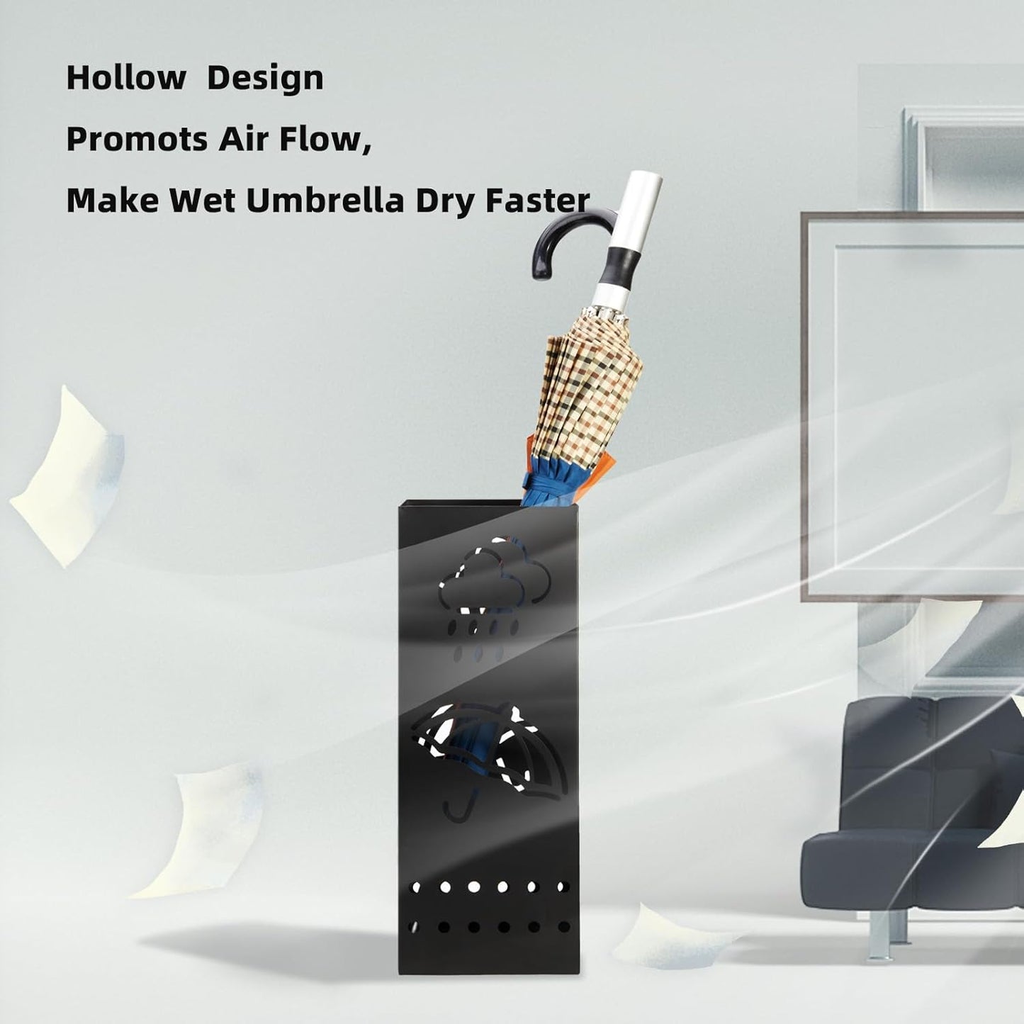 Umbrella Stand Rack for Entryway, Black Square Metal Umbrella Holder, Free Standing Umbrella Storage Organizer Bin with for Home Office Hotel Decor, 6 x 6 x 17 Inch, Hold 6 Umbrellas