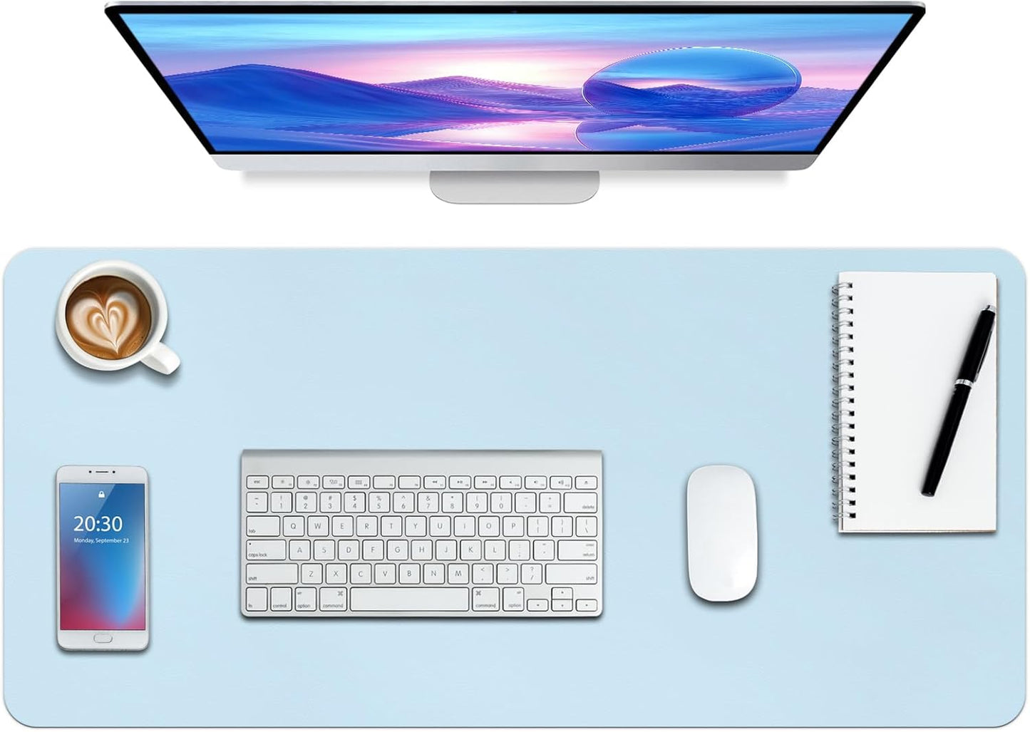 Boutilon Leather Desk Pad Protector,Non-Slip Mouse Pad,Laptop Desk Pad,Office Mouse Mat,Waterproof Leather Desk Blotter,Desk Writing Pad for Office and Home (L-Light Blue,35"x 17")