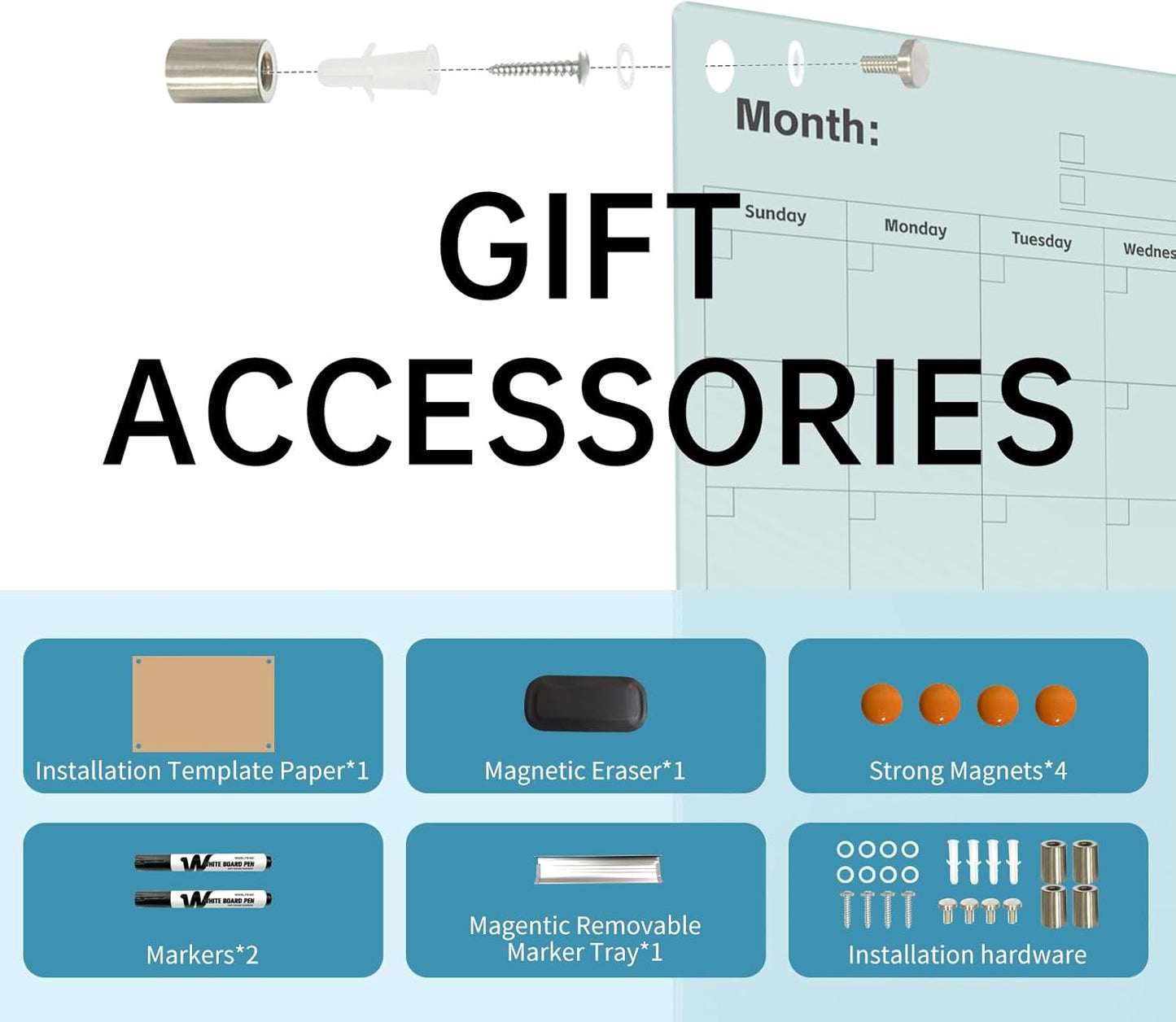 Magnetic Glass Dry Erase Board Calendar- White Board 48 x 36 Inch Wall Mounted Monthly Whiteboard, Large Frameless Glass White Board for Wall Office, Home & School