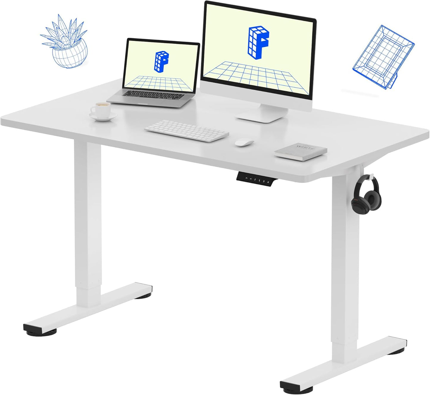 FLEXISPOT EN1 One-Piece Standing Desk, 48 x 24 Inches Electric Height Adjustable Desk for Home Office (White Frame + White Desktop)