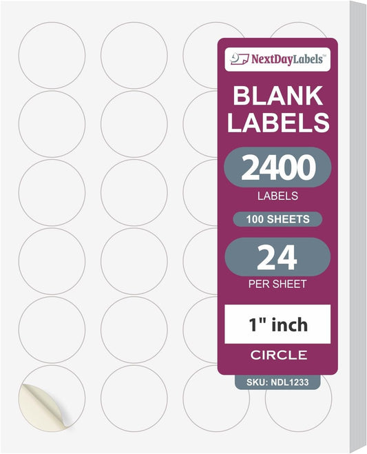 NextDayLabels – 1.66 Inch Round Labels - Round Sticker Labels for Printer - Matte White Blank Laser/Inkjet Printer Labels - Circle Stickers Printable Labels (100 Sheets, 24 Per Sheet, 2400 Labels)