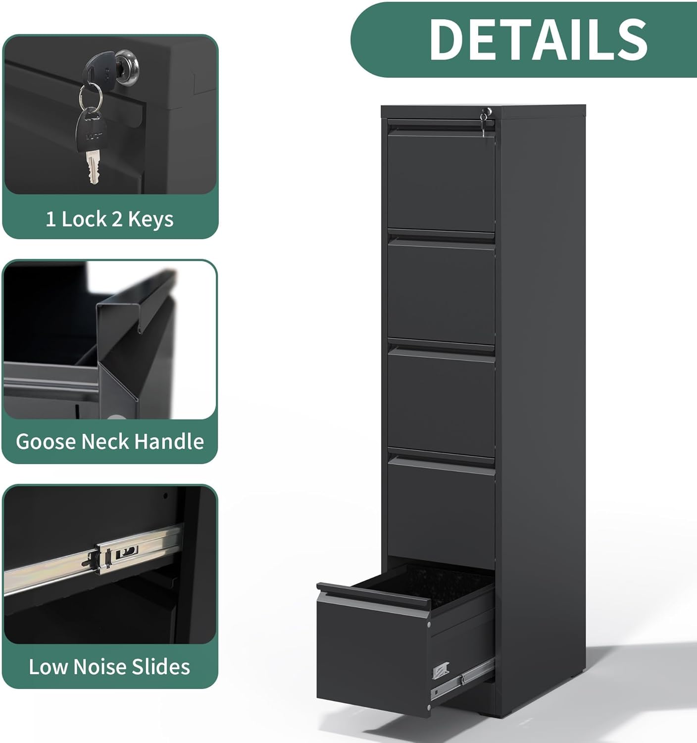 5 Drawer File Cabinet with Lock,Metal Vertical Filing Cabinets for Home Office,Heavy Duty File Storage Cabinet for Letter/Legal/A4/F4 Size File,Assembly Require (Black, Vertical 5 Drawer)