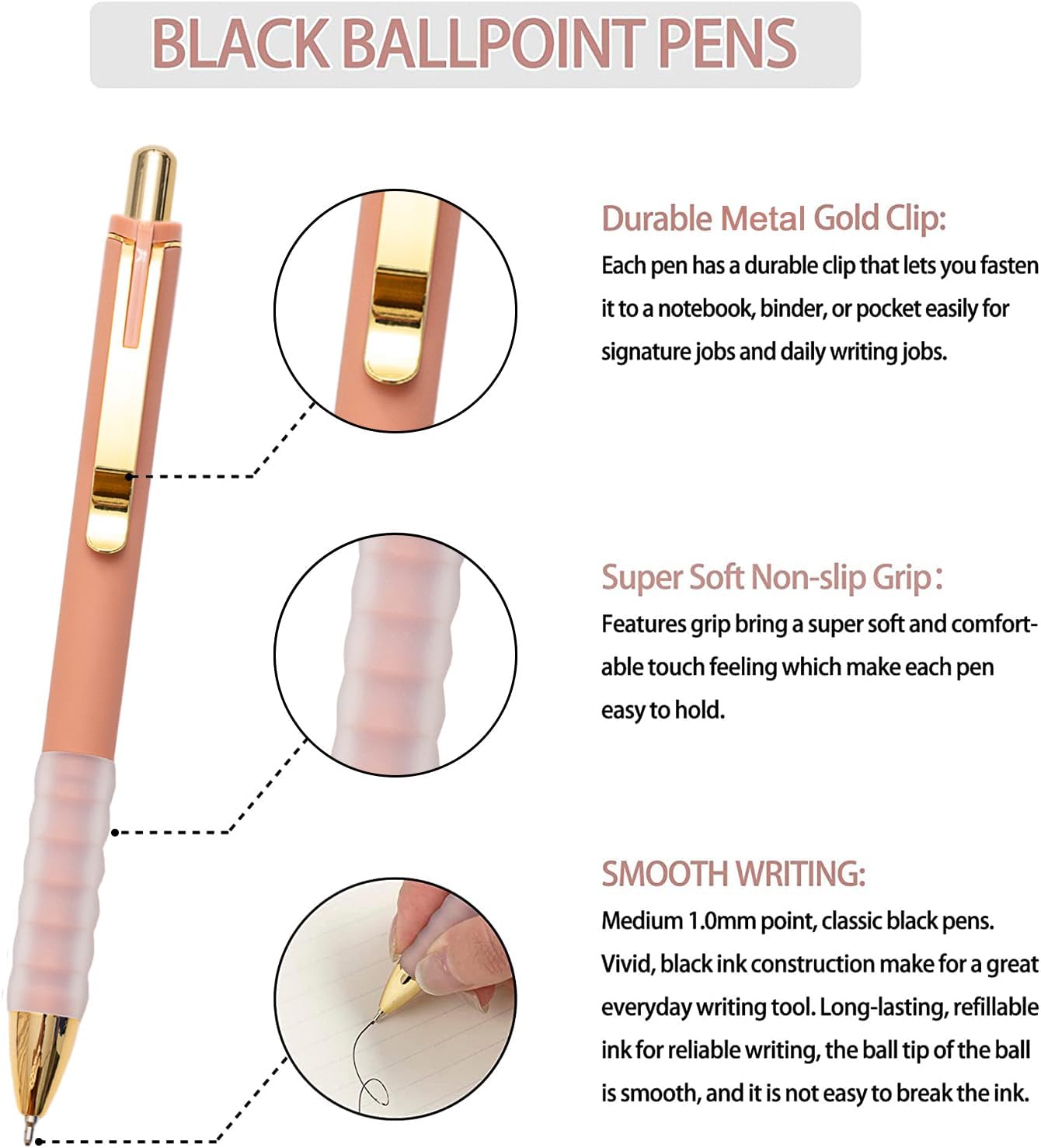 Linbsunne Ballpoint Pens Black Medium Point 1mm with Super Soft Grip Ball Point Pen for Men Women Retractable(gold-18 pcs)