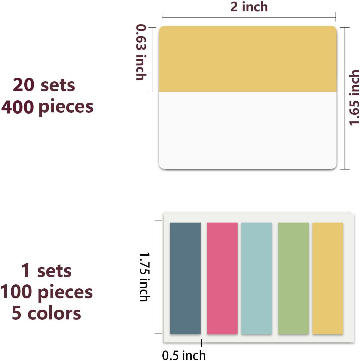 ELII 500 PCS Sticky Tabs 2 Inch Index Tabs, Colored Page Markers Repositionable Tags Reading Tabs Self Adhesive Tape Flags for Books, Binders, Notebook and File Folders