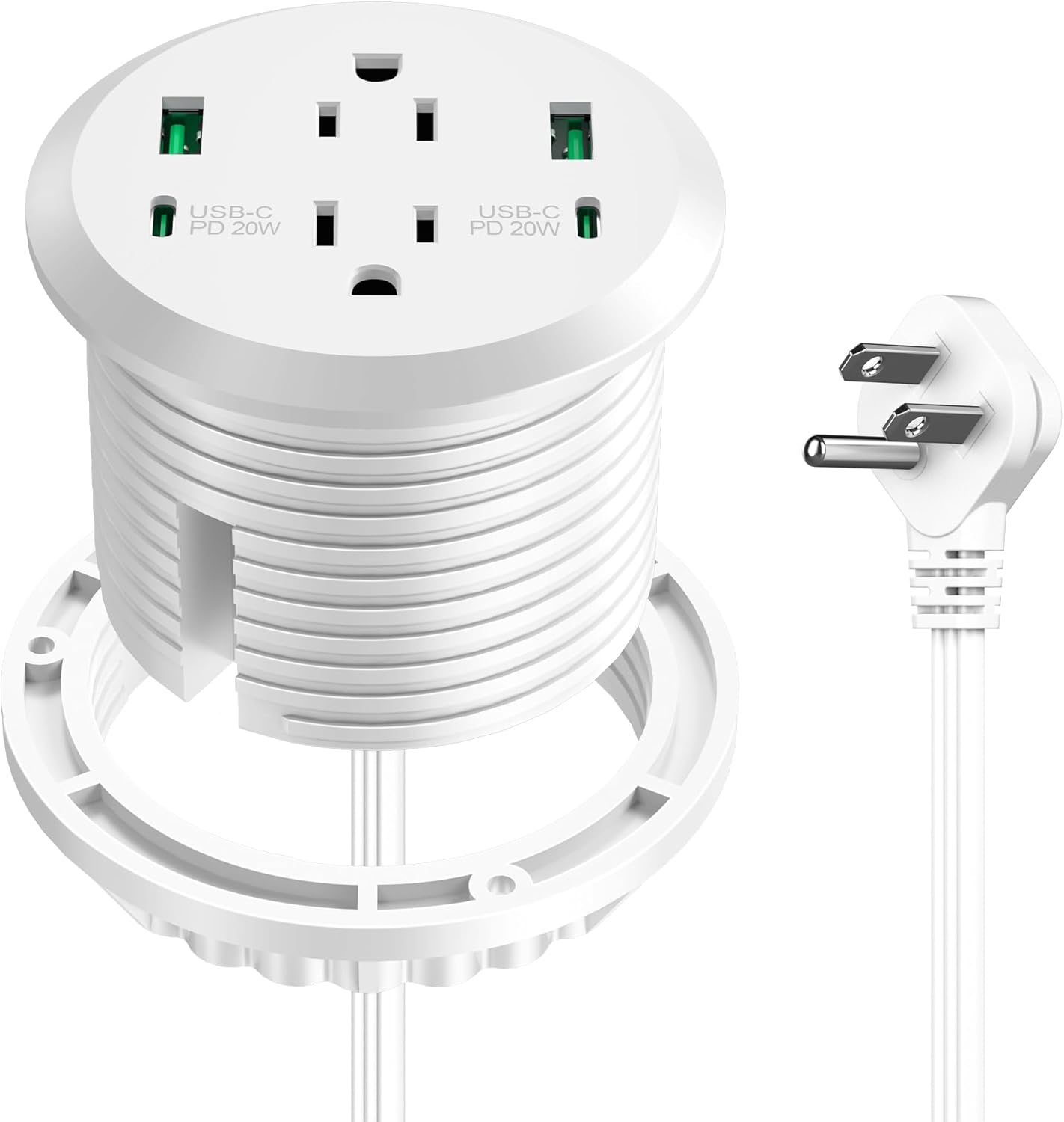 3 inch Desktop Power Grommet with PD 20W USB C,Furniture Recessed Power Strip,2 Outlets,4 USB Ports,40W Total,Flush-Mount for Desktop, Workspace Essential Desk Outlet (White, 6 FT Cable)