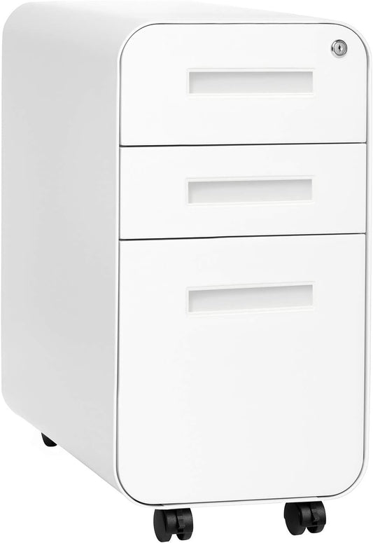 Laura Davidson Furniture Stockpile Slim 3-Drawer Mobile File Cabinet with Lock - Under Desk Metal Filing Cabinet, Legal/Letter File Folders, Wheels and Stationary Feet, Pre-Assembled, White