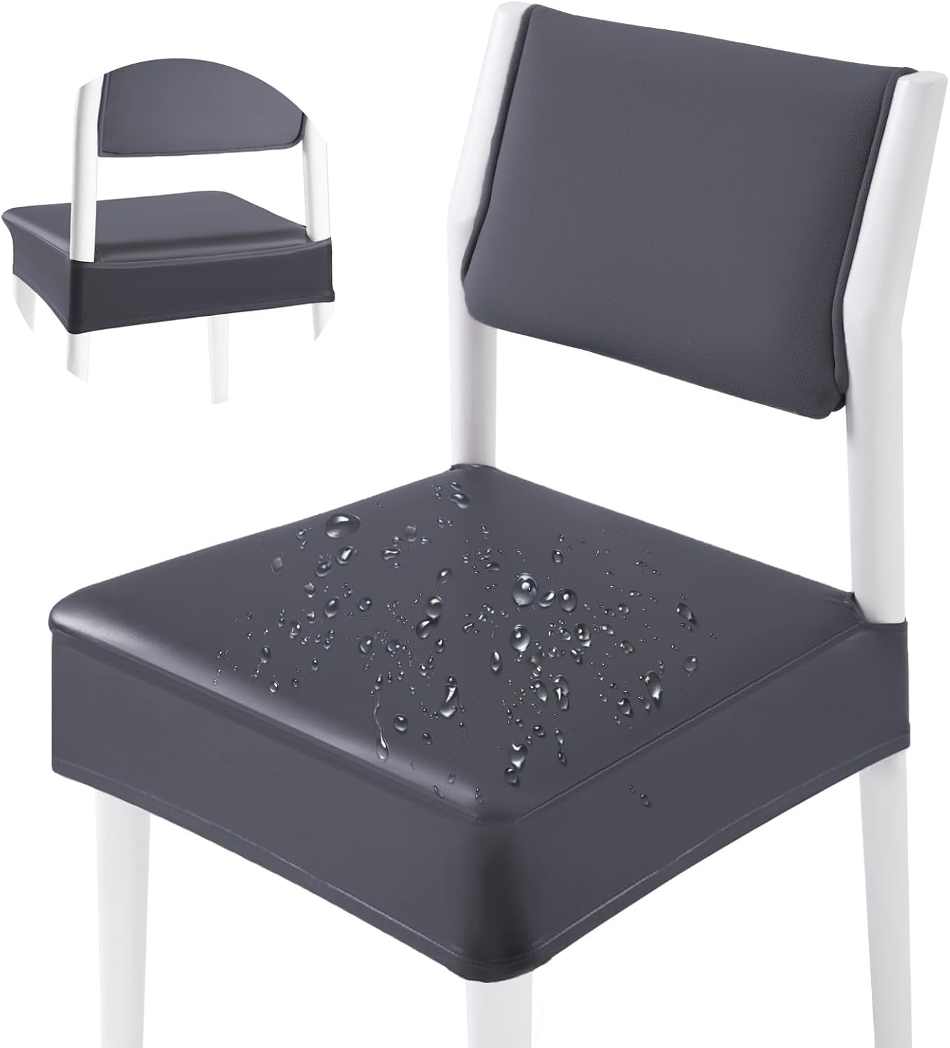 CWK Waterproof PU Leather Dining Chair Covers Set of 4-Stretchable Chair Seat Slipcovers, Removable & Washable Protector for Dining Room,Home,Office,Wedding,Rear Covers (PU-Grey)