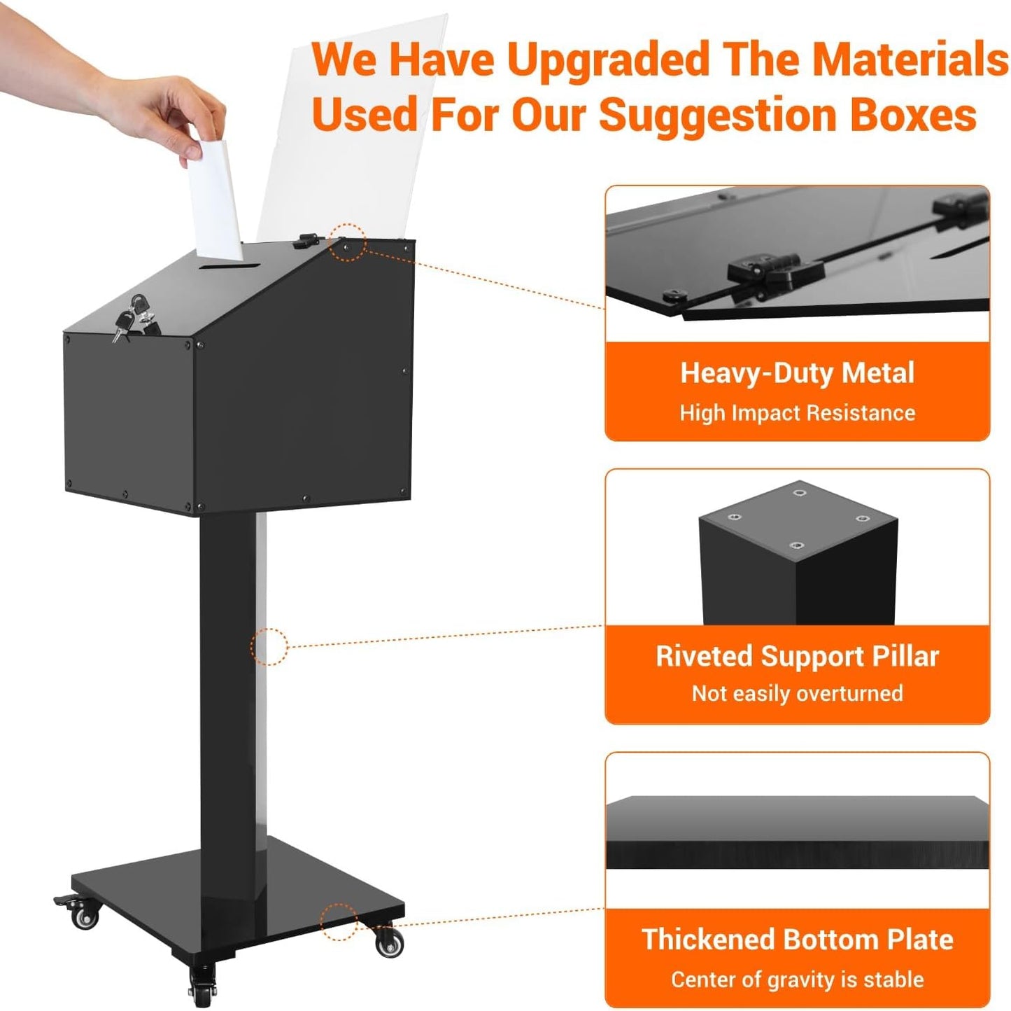 Acrylic Donation Box with Stand, Large Suggestion Box for Church, Drawing Raffle with Key and Lock, Secure Collection Box for Fundraising, Offering, Ballots, Feedback, Black