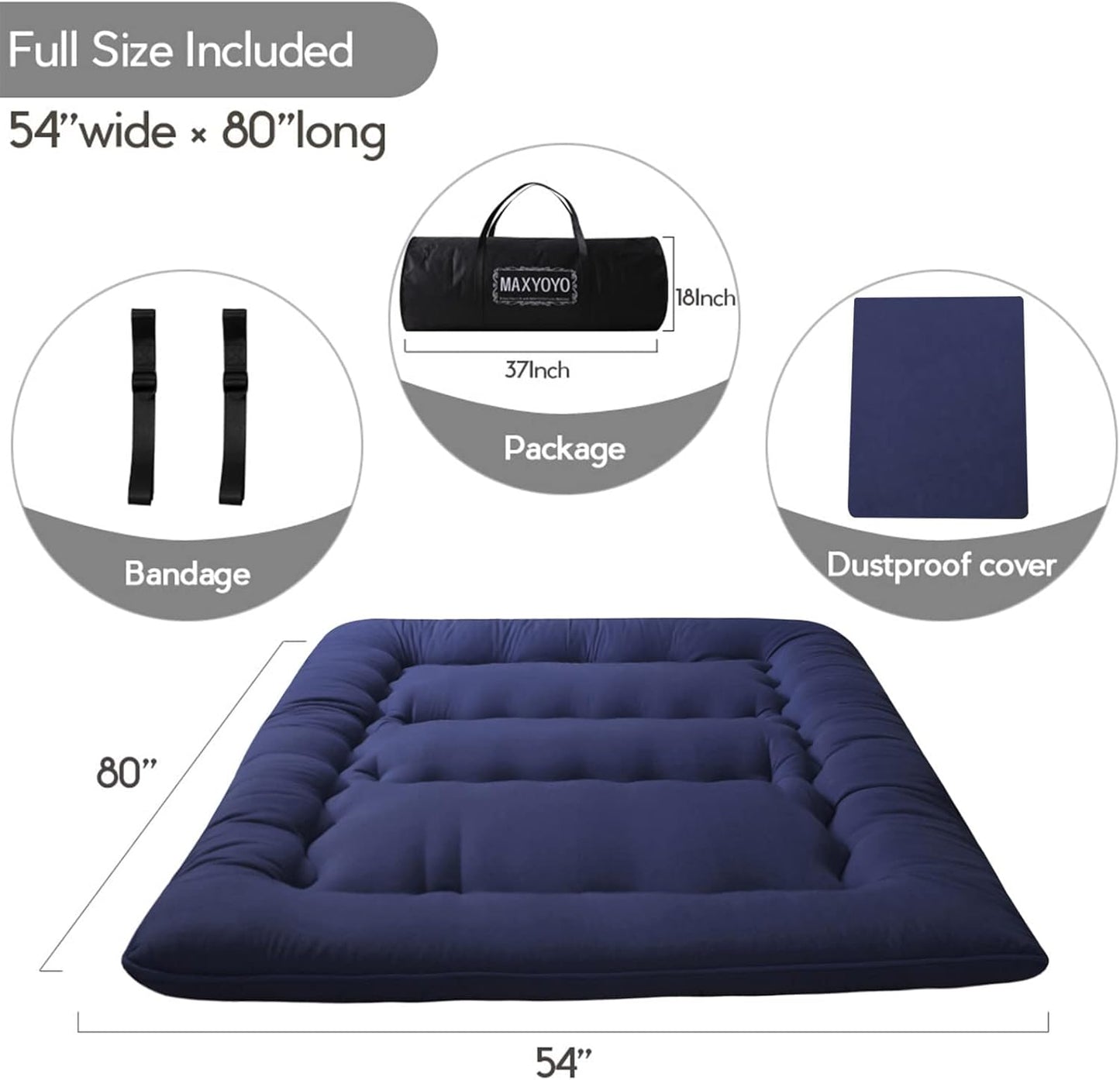 MAXYOYO Japanese Floor Mattress Futon Mattress, Thicken Tatami Mat Sleeping Pad Foldable Roll Up Mattress Boys Girls Dormitory Mattress Pad Kids Floor Lounger Pillow Bed, Navy, Full