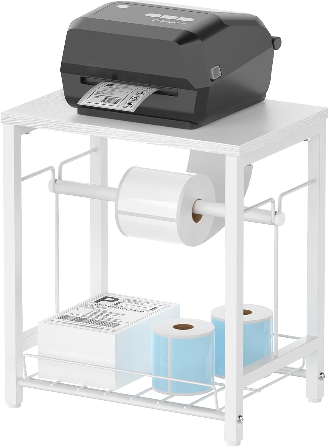 NANANARDOSO Label Holder for Thermal Printer with Basket,Wooden Label Holder for Shipping Label Printer,Sticker Roll Holder for Home, Office Small Business,White