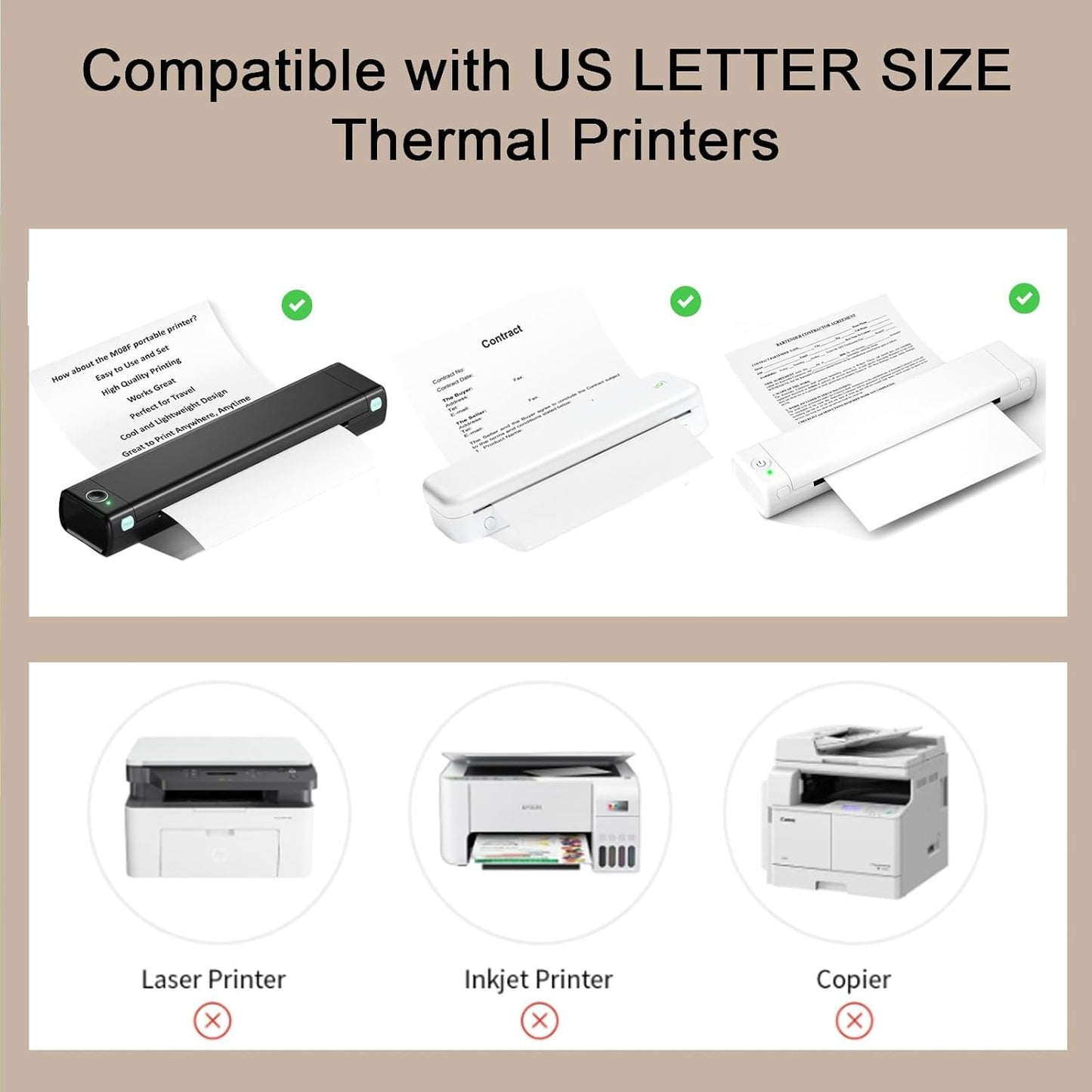 200 Sheets, Thermal Printer Paper 8.5 x 11 Inches, Single US Letter Size, Suitable with Most Thermal Portable Printer, Such M08F/A40, Quick-Drying, Waterproof(Single, Keep 3 Years)