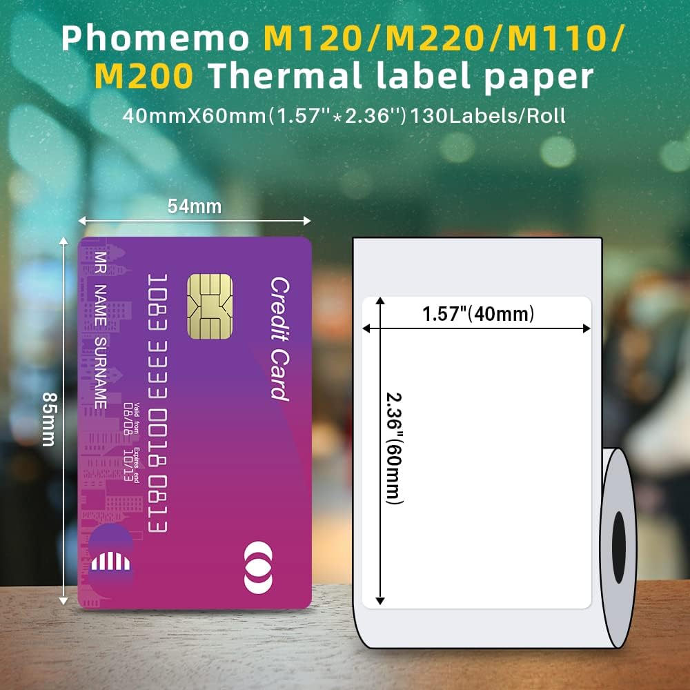 Phomemo 3 Rolls M110/M220/M110/M108/M250/M120/M150/M260/M221/M200 Thermal Label Paper 1.57'' x 2.36'' (40x60mm), Square Self-Adhesive Barcode&Address Label,130 Pcs/Roll, Black on White