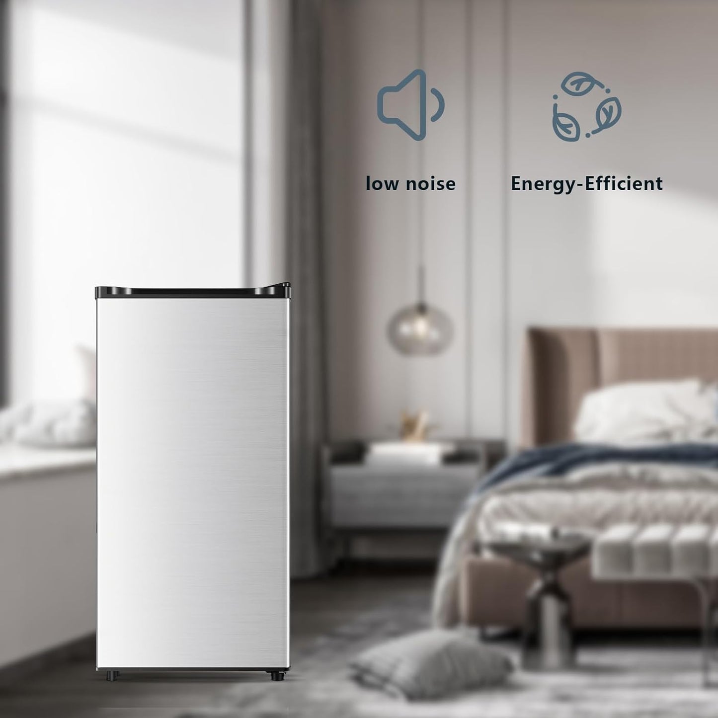 Seaoola Mini Fridge with Freezer, Single Door 3.1 Cu.Ft, Compact Mini Refrigerator, LED Light, Adjustable Thermostat, Removable Glass Shelves, Small Refrigerator for Dorm/Office/Bedroom(Sliver)