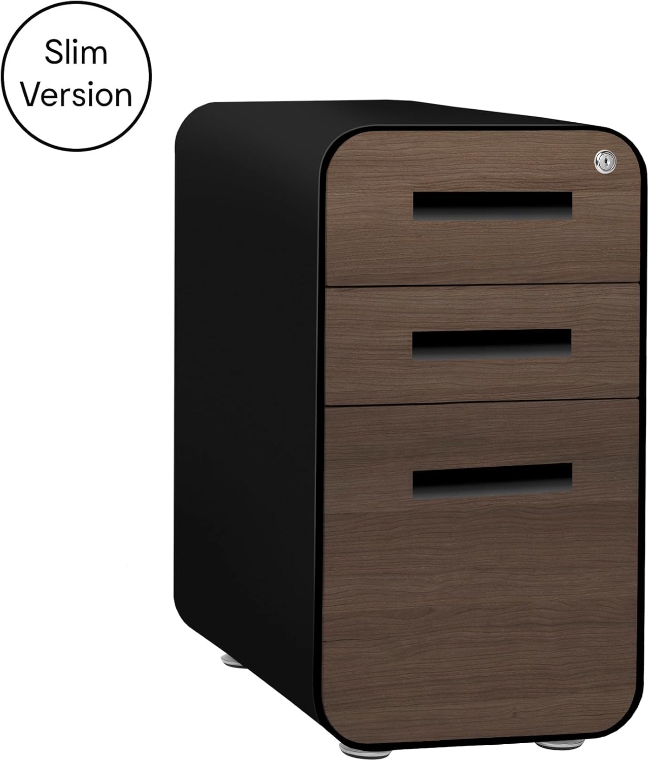 Laura Davidson Furniture Stockpile Slim 3-Drawer Mobile File Cabinet with Lock - Under Desk Metal Filing Cabinet, Legal/Letter File Folders, Wheels & Stationary Feet, Assembled, Black/Wood Faceplate