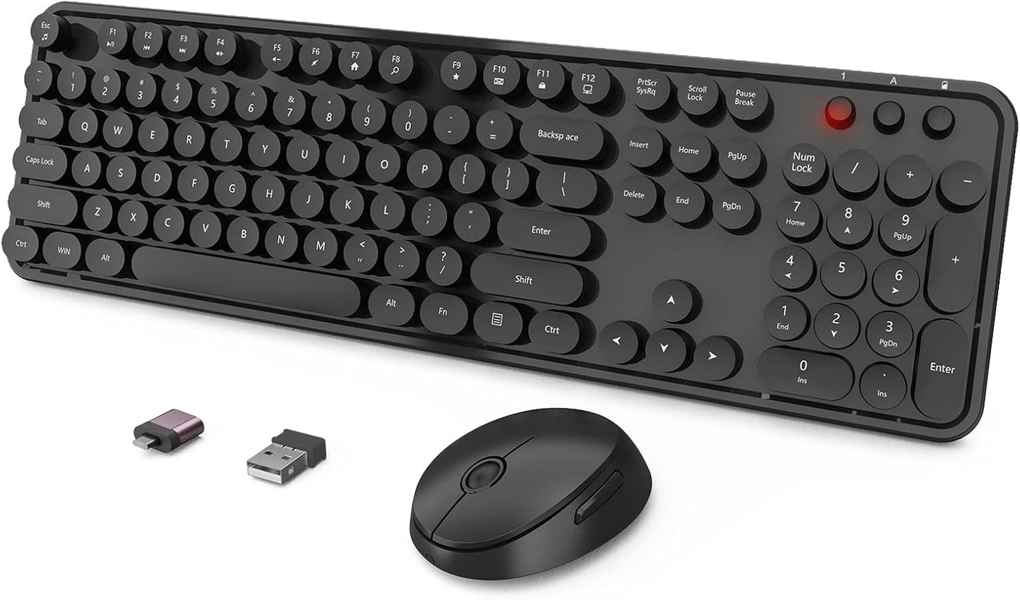 Wireless Keyboard and Mouse Combo, Ergonomic Full Size Typewriter Retro Round Keycaps Keyboard, Compatible with Windows, PC, Perfer for Home and Office Keyboards (Black