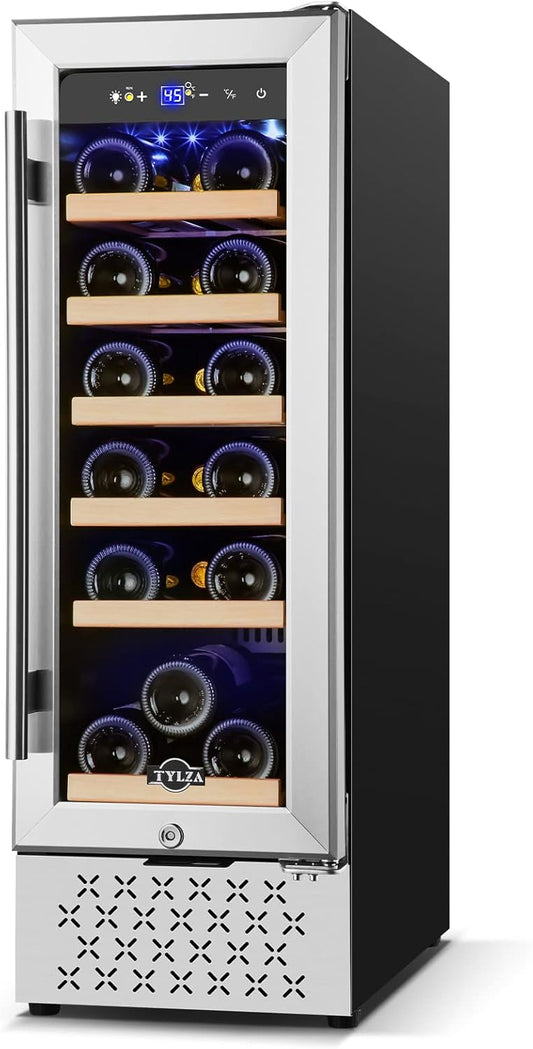 Tylza 12" Wine Cooler Refrigerator, 18 Bottle Wine Fridge Built-in or Freestanding with Stainless Steel & Double-Layer Tempered Glass Door, Compressor Fast Cooling, Low Noise and No Fog, Mini Fridge