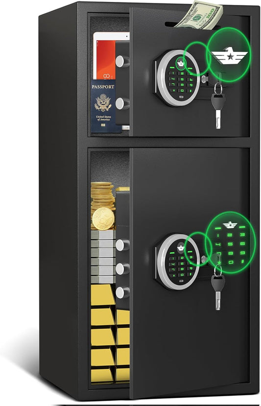 Large Double Door Safe Box Fireproof Waterproof, 6.0 Cu ft Security Safe with LED Light and Dual Alarm System, Home Safes Digital Keypad and Mute Function, Security Lock Box for Money and Valuables
