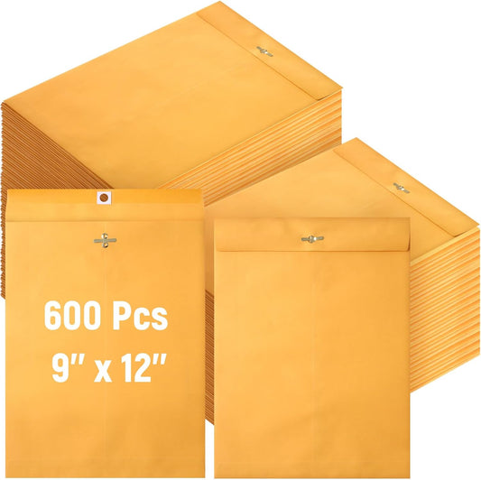Ctosree 600 Pcs Manilla Envelopes Clasp Envelopes Bulk Brown Kraft Catalog Letter with Clasp Closure and Gummed Seal 28lb Heavyweight Paper (9 x 12 Inch)
