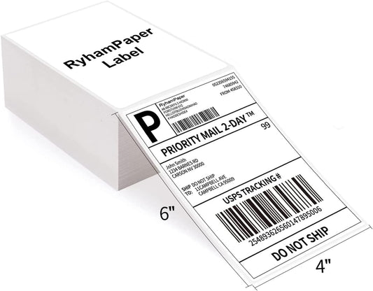 RyhamPaper 4" x 6" Fanfold Direct Thermal Labels White Mailing Postage Labels, Perforated, Permanent Adhesive Shipping Labels (1 Stacks - 500 Labels)