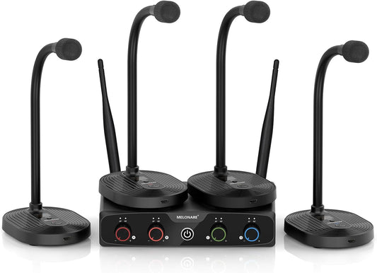 4-Channel Wireless Conference Microphone System, UHF Compact Cordless Mic Set w/ 4x10 Frequencies, 200ft Range, 4 Gooseneck Mics for Lecture, Church, Conference, Public Speaking (MWM-41-4G)