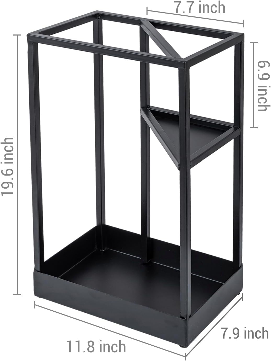 MyGift 20 Inch Tall Modern Brass Tone Metal Geometric Freestanding Entryway Umbrella Rack or Cane Holder with Shelf for Small Umbrellas and Bottom Drip Tray (Black-Large)