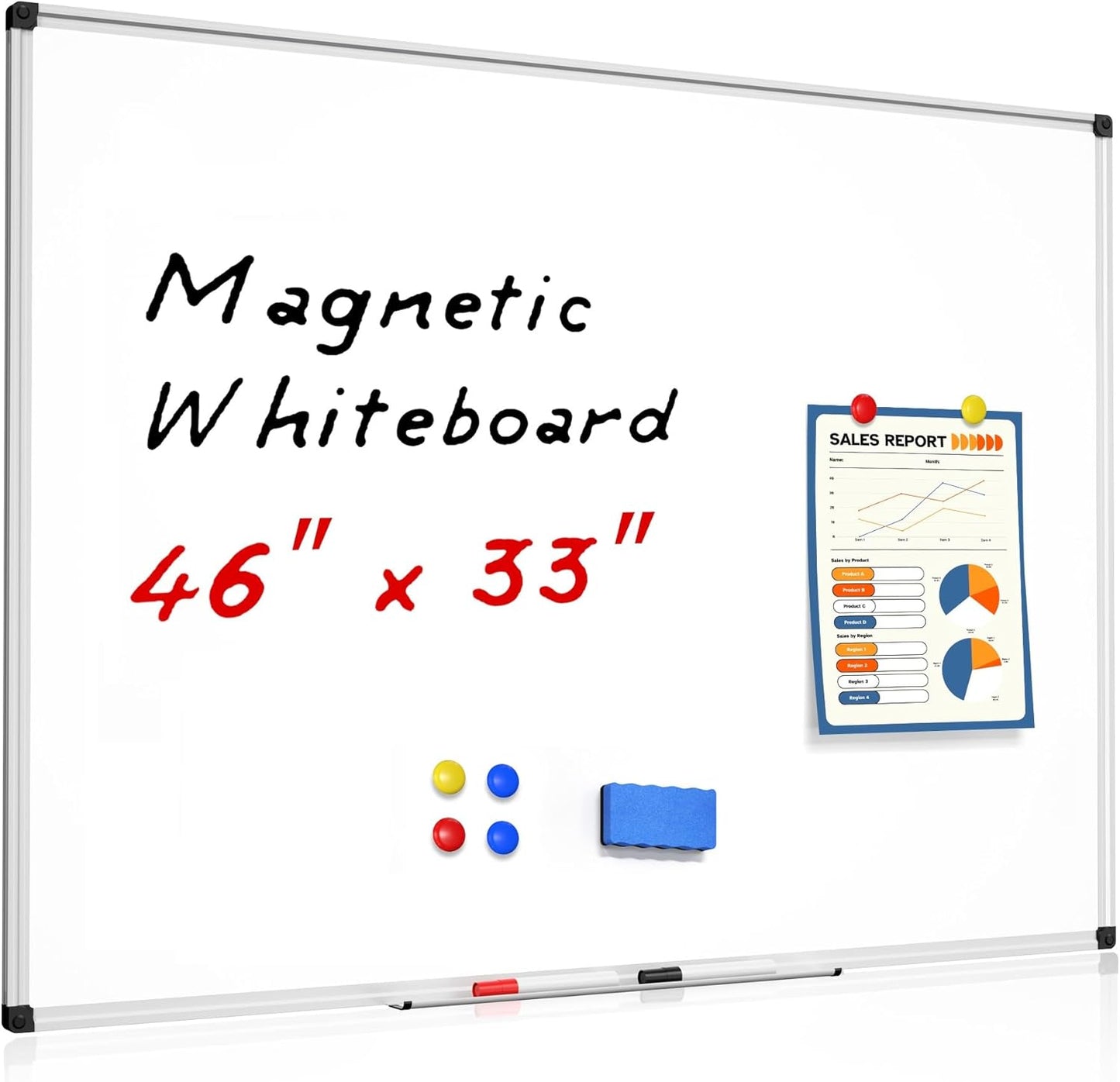 Magnetic Dry Erase White Board - 46 x 33 Inch Whiteboard for Wall - 4 x 3 Large Wall-Mounted Board with Silver Aluminum Frame, 1 Magnetic Eraser, 2 Pens, 1 Detachable Marker Tray, 6 Magnets