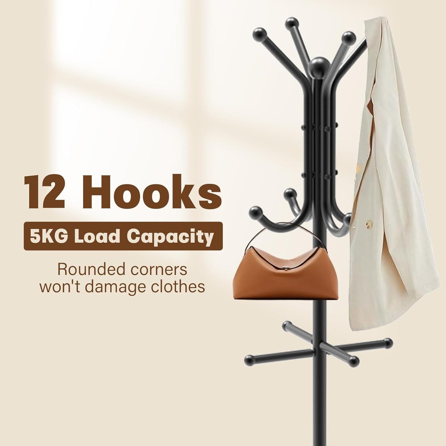 Coat Rack Freestanding, Coat Stand with Umbrella Holder, Metal Coat Tree with 12 Hooks, Coat Hanger Stand for Entryway, Coat Rack Stand for Bedroom, Living Room & Office