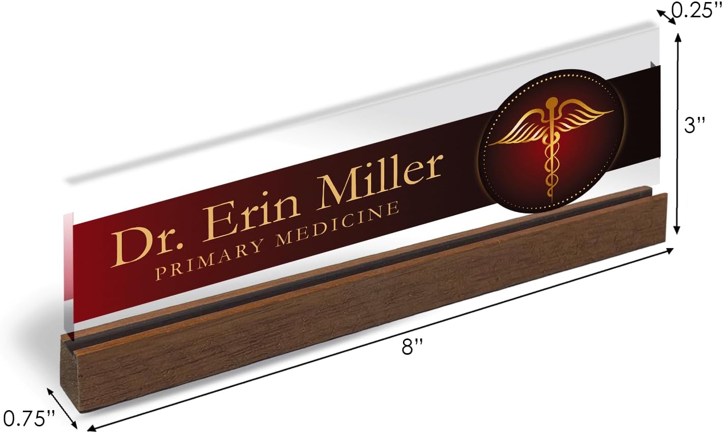 Artblox Personalized Office Desk Name Plate and Business Card Holder | Clear Acrylic Glass with Teak Wood Stand | Doctor Design Customized with Your Name and Credentials Office Desk Decor