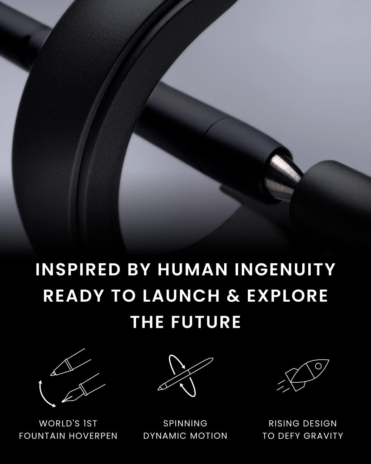 novium Hoverpen Future Edition - Luxury Metal Fountain Pen, Fine Nib, Futuristic Aesthetic, Free Spinning Executive Pen, Gift for Dad (Deep Black)