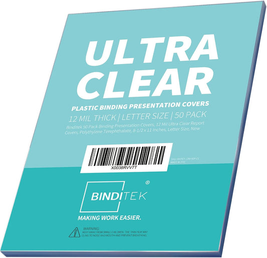 Binditek 50 Pack 12 Mil Ultra Clear Binding Covers, Polythylene Terephthalate, 8.5 x 11 Inches, Letter Size, Square Corners, Un-Punched, for Students and Coworkers