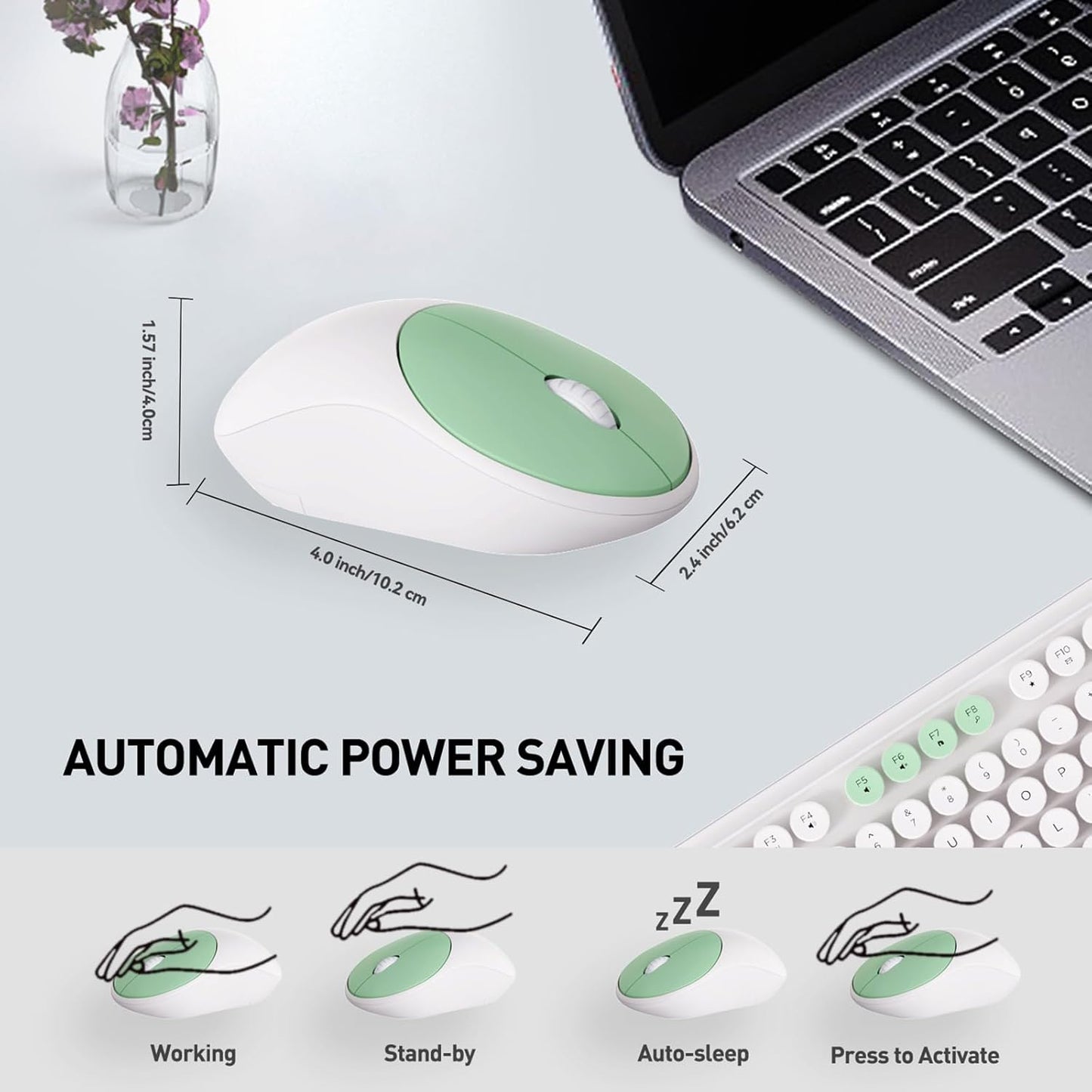 FD 2.4GHz Wireless Keyboard and Mouse Set with Switch Button - Full-Size Keyboard - Compatible for Windows/Laptop/PC/Notebook/Smart TV and More - Milky White Green Colorful