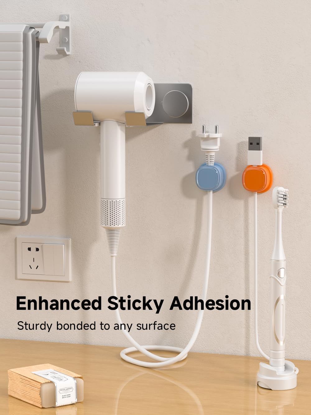 9 Pack Cord Organizer, Spring Cable Management, Adhesive Cute Cable Holder Clips, Phone Charger Wire Keeper for Desk Nightstand Car Office (9-Pack White_Orange_Blue)