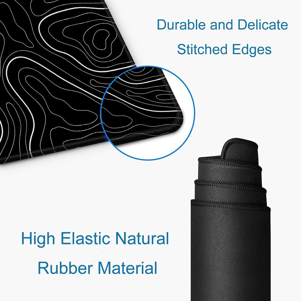 Large Mouse Pad, Extended XL Gaming Mousepad, Non-Slip Rubber Base Keyboard Mouse Mat Desk Pad for Work, Game, Office, Home, 31.5 x 11.8 in, Black Minimalist Topographic Map PL230707021