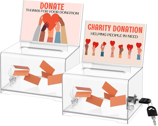 Clear Donation Box with Lock & Sign Holder, Versatile for Fundraising, Ballot Voting, Suggestions, and Tips Jar, Secure Storage Design, Size 6.2x4.6x4.0 Inch, Clear 2 Pack
