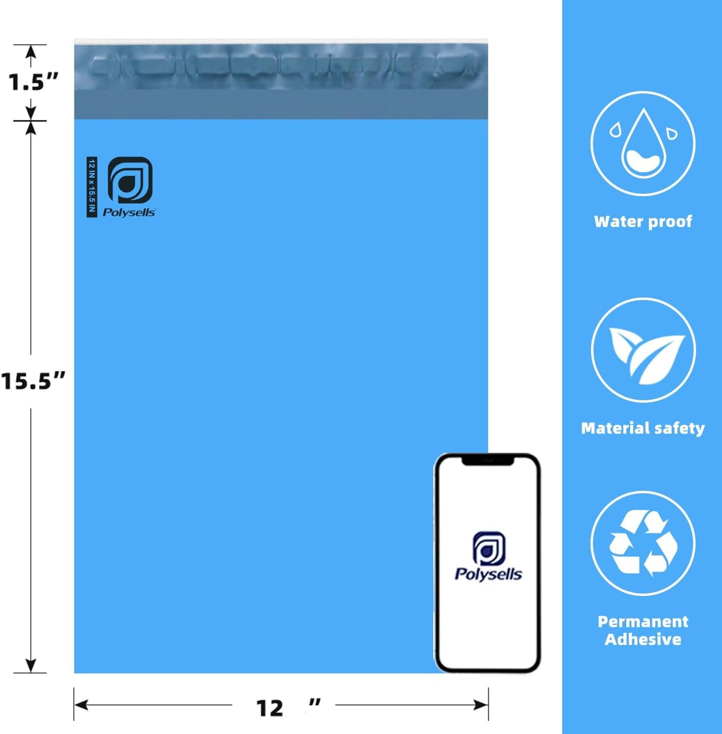 POLYSELLS 100 pcs 12x15.5 Inches Blue Poly Mailers Shipping Envelopes, Strong Adhesive Sealing, Waterproof, and Tear-resistant Postal Mailing Bags for Clothing, Books, and Accessories