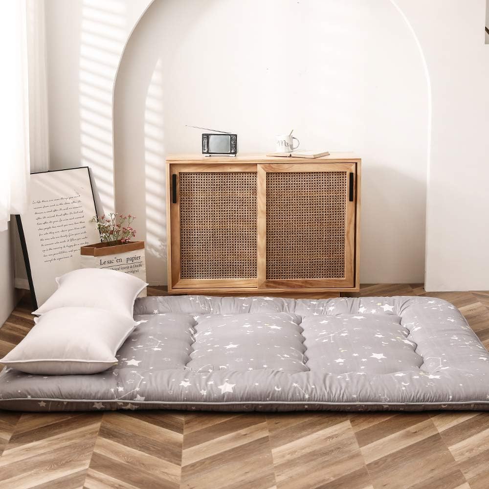 Grey Constellation Japanese Floor Futon Mattress, Tatami Floor Mat Portable Camping Mattress Kids Sleeping Pad Foldable Roll Up Floor Lounger Couch Bed with Mattress Protector Queen Size
