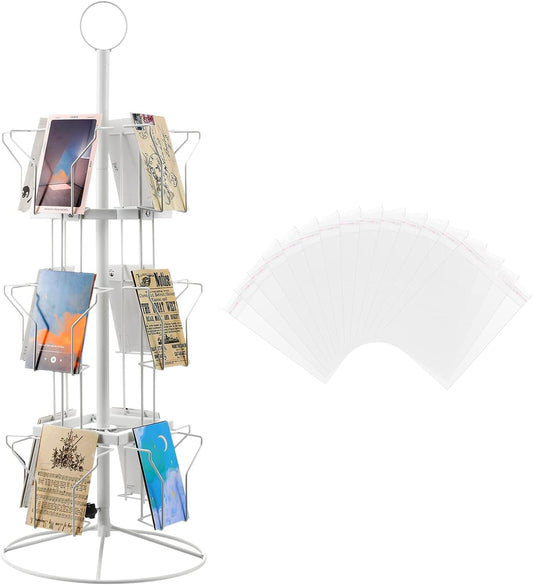 Nuanchu 12 Pockets Greeting Card Display Stand Countertop Rotating Greeting Card Rack with 200 Clear Resealable Bags 3 Tier Metal Display Stand Spinning Holder for Stickers Showcase Postcard(White)