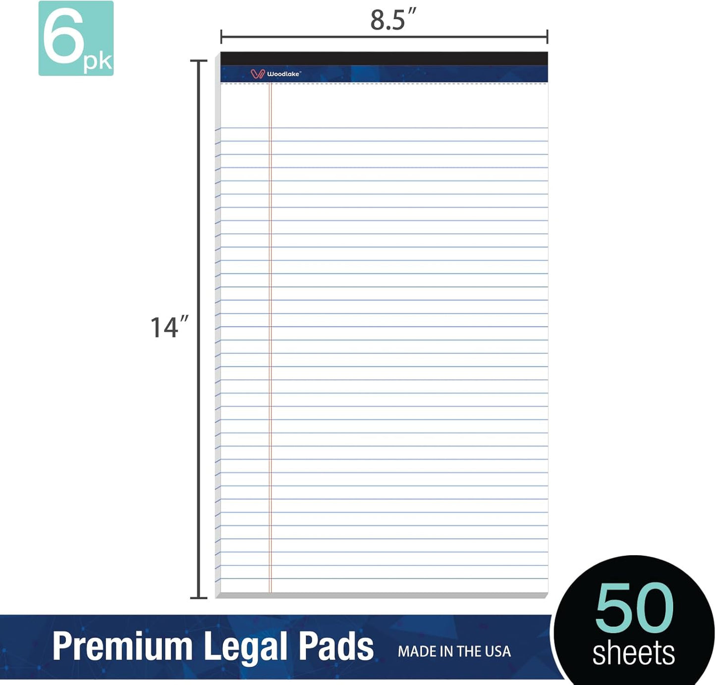 Woodlake Legal Pads 8.5 "x 14" – 6‑Pack, Wide Ruled, Premium White Paper Pad No ink Bleed, Micro‑Perforated Writing Pads,50 Sheets, Legal Size Note pads for School, Office & Home, Made in USA