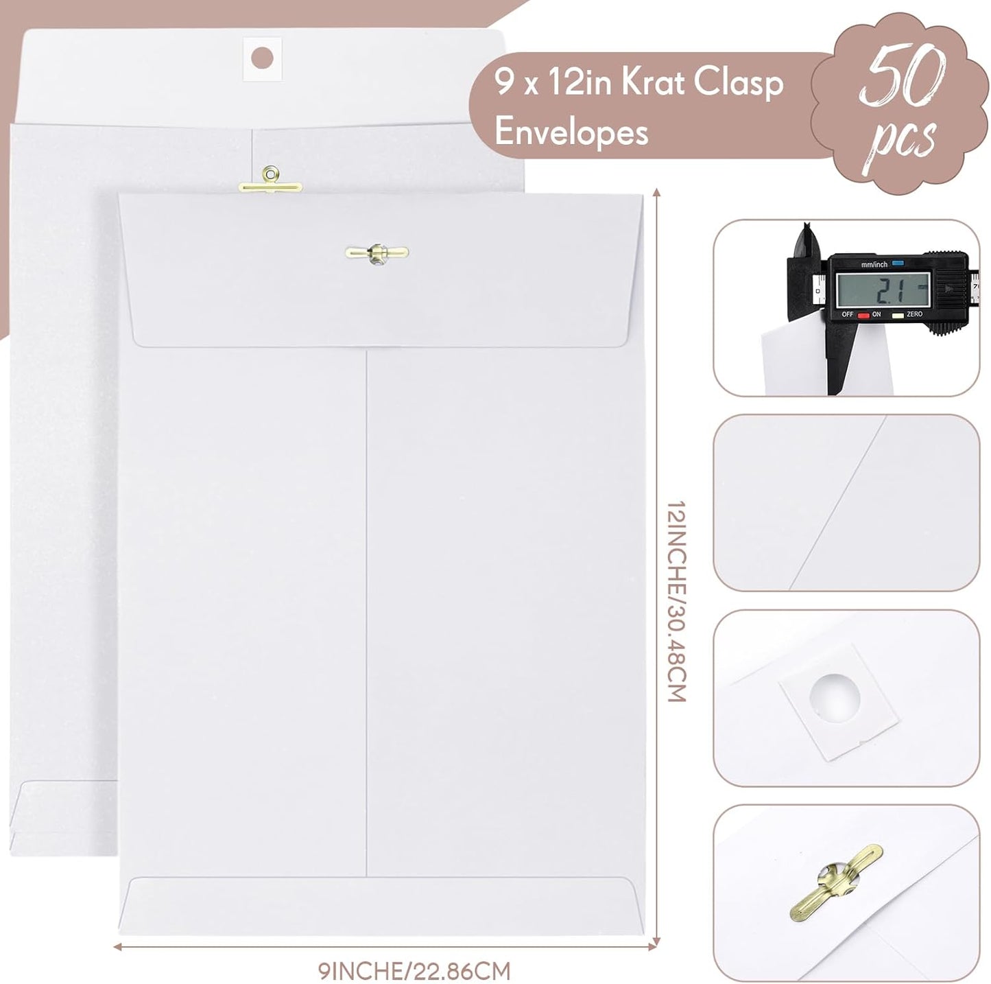 Teling 50 Pcs Manilla Envelopes Clasp Kraft Catalog with Closure for Storing Mailing 28 lb Kraft Envelope Paper for Office Document School Business Home(White,9 * 12)