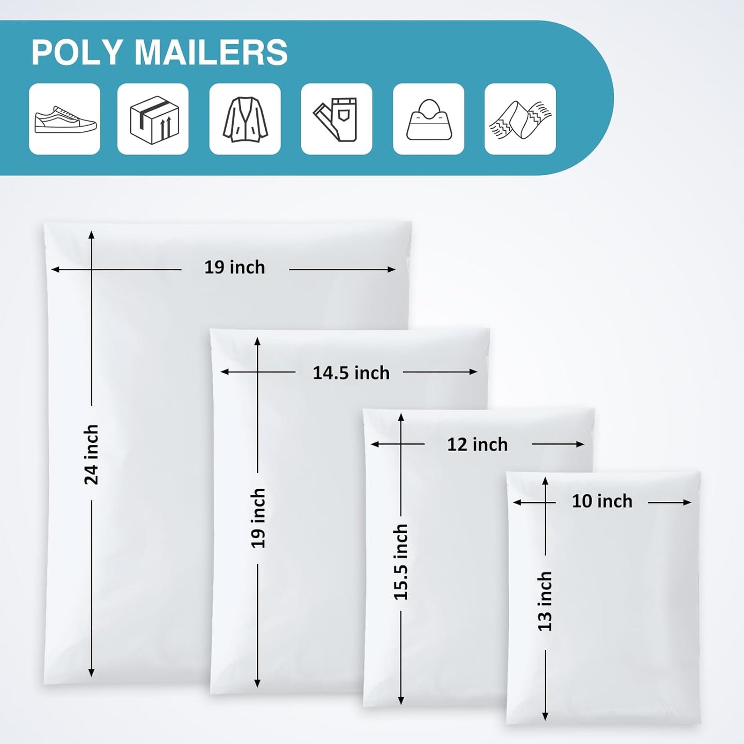 UCGOU 100 Pack White Poly Mailers Variety Size Pack, 10x13 Inch & 12x15.5 Inch & 14.5x19 Inch &19x24 Inch, 25 PCS Each Shipping Bag, Self-sealing Adhesive Mailers Assorted Sizes for Small Business