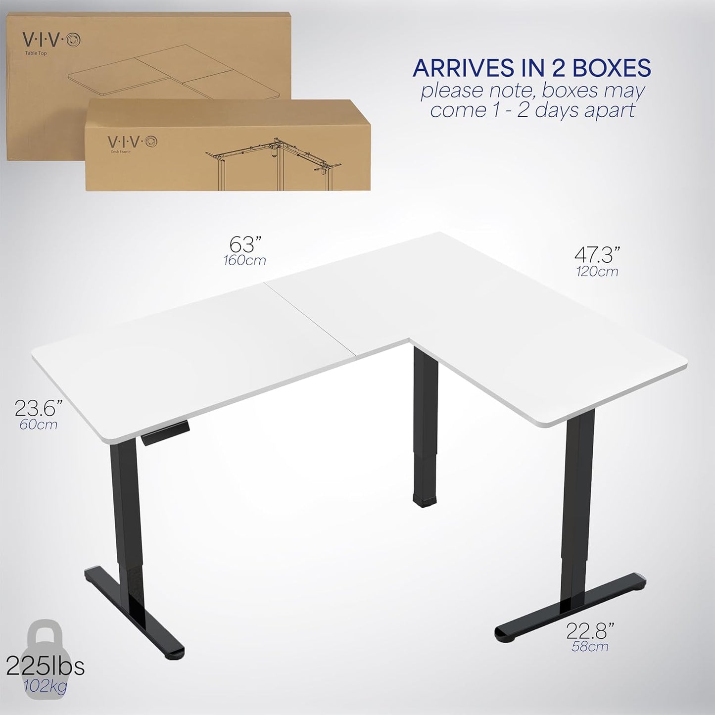 VIVO Electric Corner L-Shaped 63 x 47 in Standing Desk, Memory Height Adjustment, White Top Black Frame, DESK-E3CTBW-47