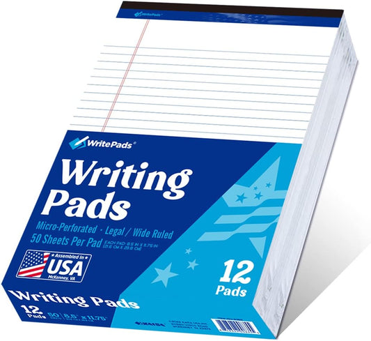 8.5"x11" Legal Pads,Wide Ruled,White Paper,12 Pack,50 Sheets Per Writing Pad,Micro perforated Writing Pad,BL-MWT50W-12PAD