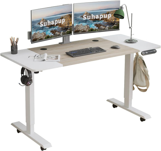 Electric Height Adjustable Standing Desk, 55 x 24 inches Sit - Stand Desk for Work or Home Office Push Button Memory Settings Oak+White Splice Board/White Frame