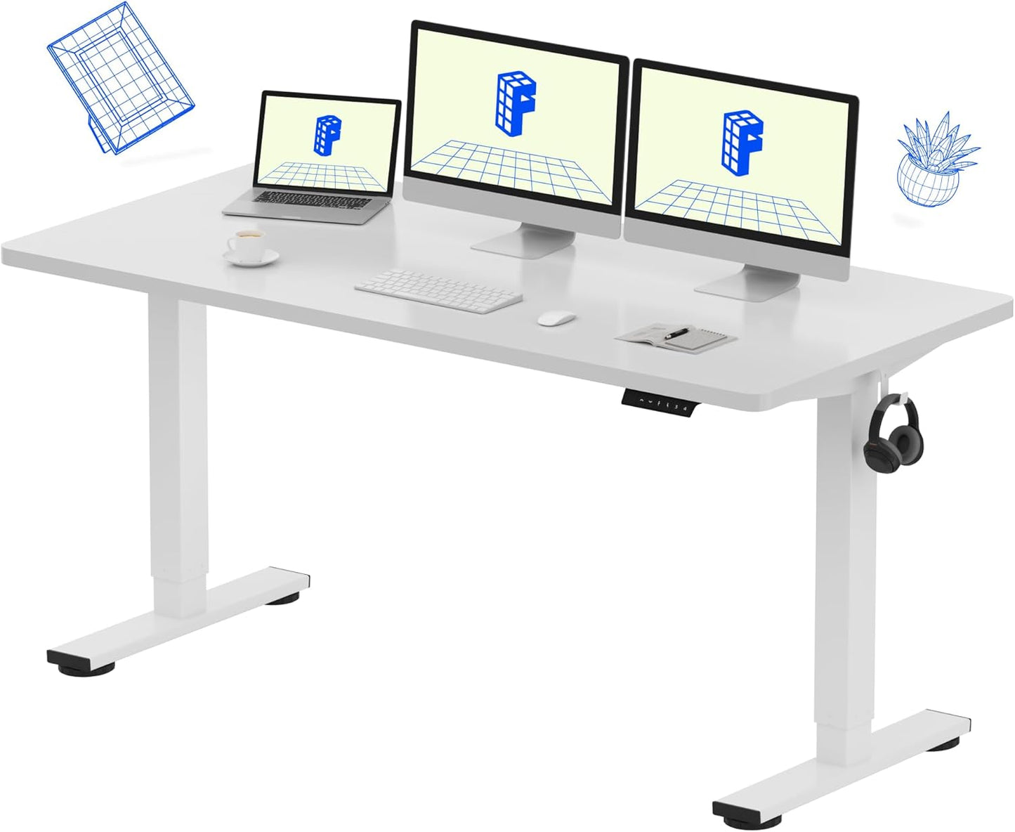 FLEXISPOT EN1 One-Piece Standing Desk, 60 x 24 Inches Electric Height Adjustable Desk for Home Office (White Frame + White Desktop, 2 Packages)