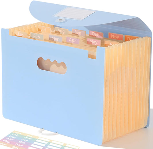 Accordion File Organizer 12 Pockets, Monthly Bill Receipt Tax Organizer, Expanding File Folders with Larger Bright Tabs, Fits Letter/A4 Size - Blue